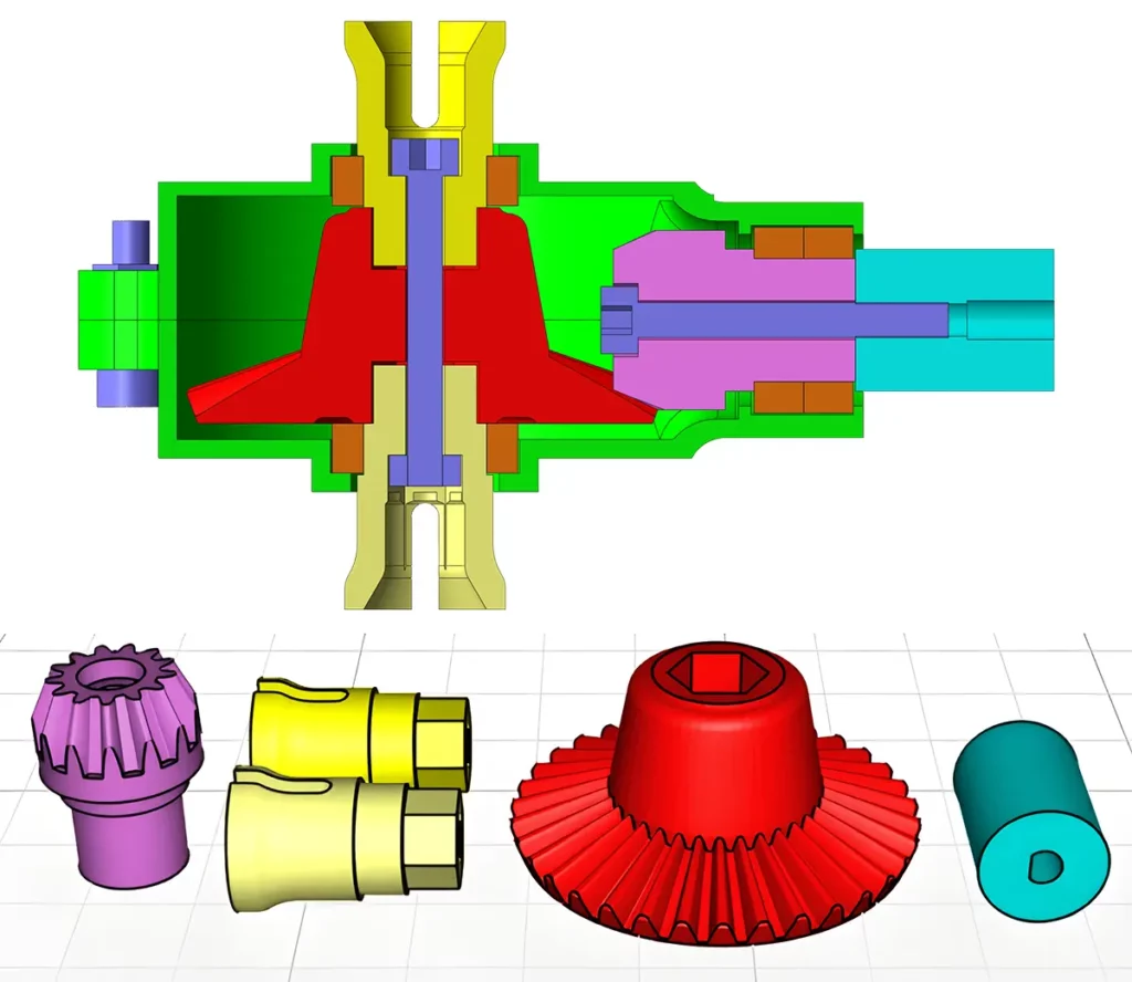 Rc chassis printed bevel gear section with parts